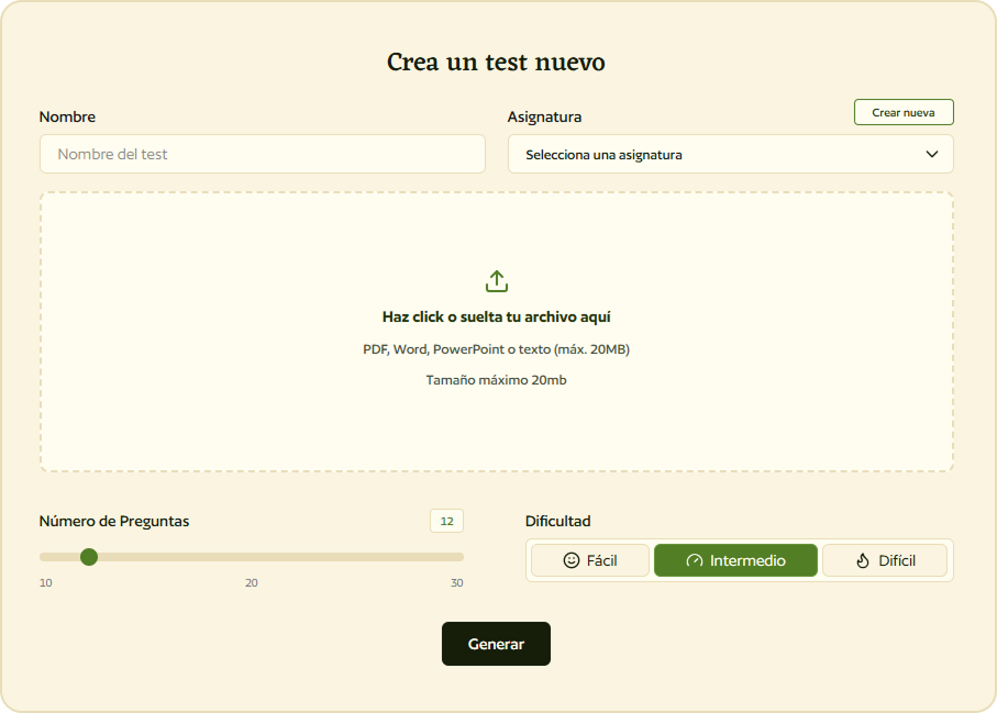 Interfaz de Smartests.app generando un examen a partir de unos apuntes.