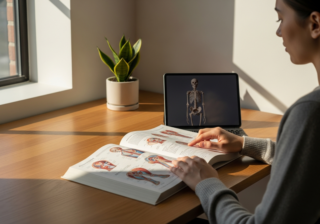Estudiante de anatomía preparando un examen tipo test en un escritorio ordenado.