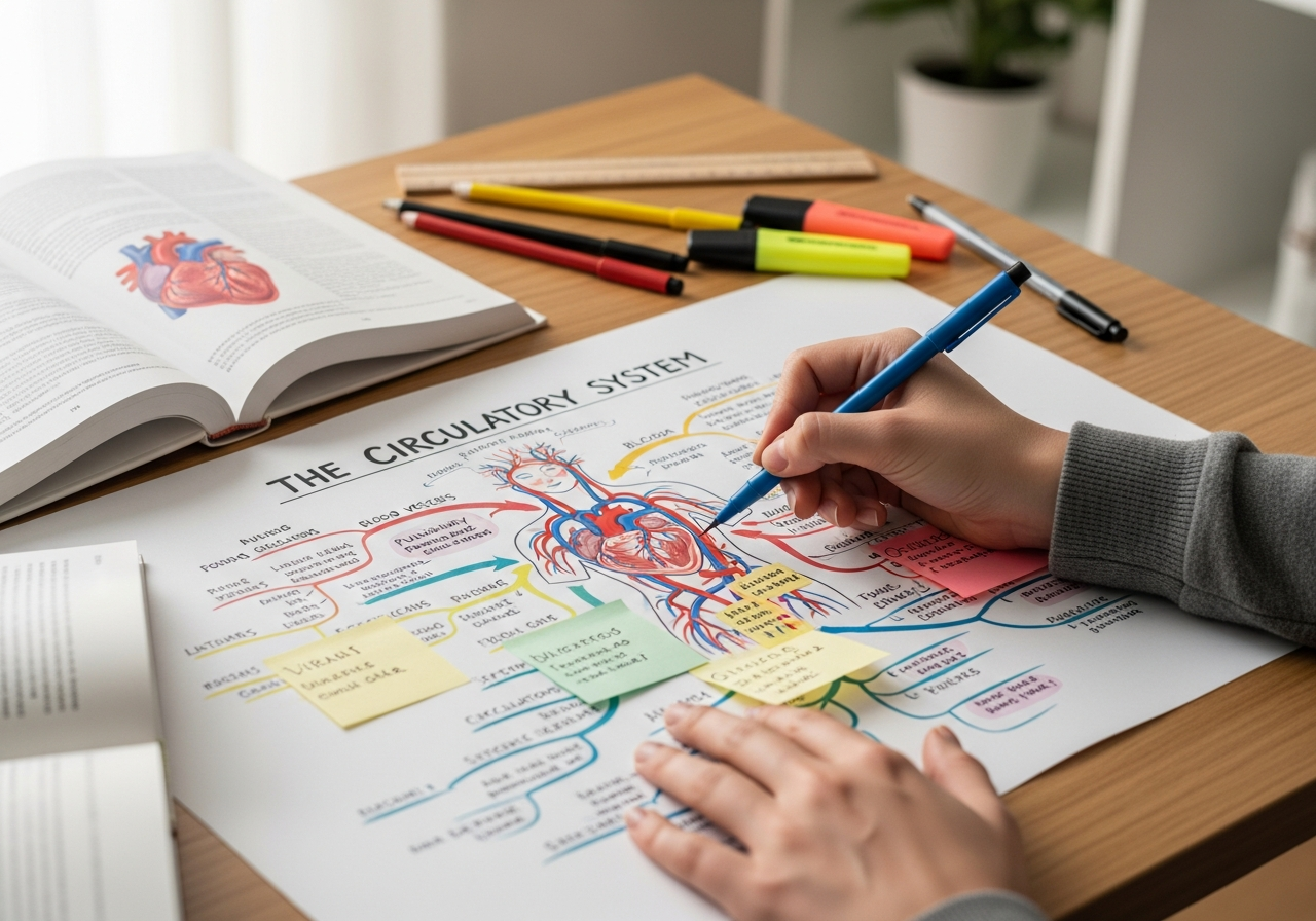 Creando un mapa mental para estudiar las relaciones en anatomía.