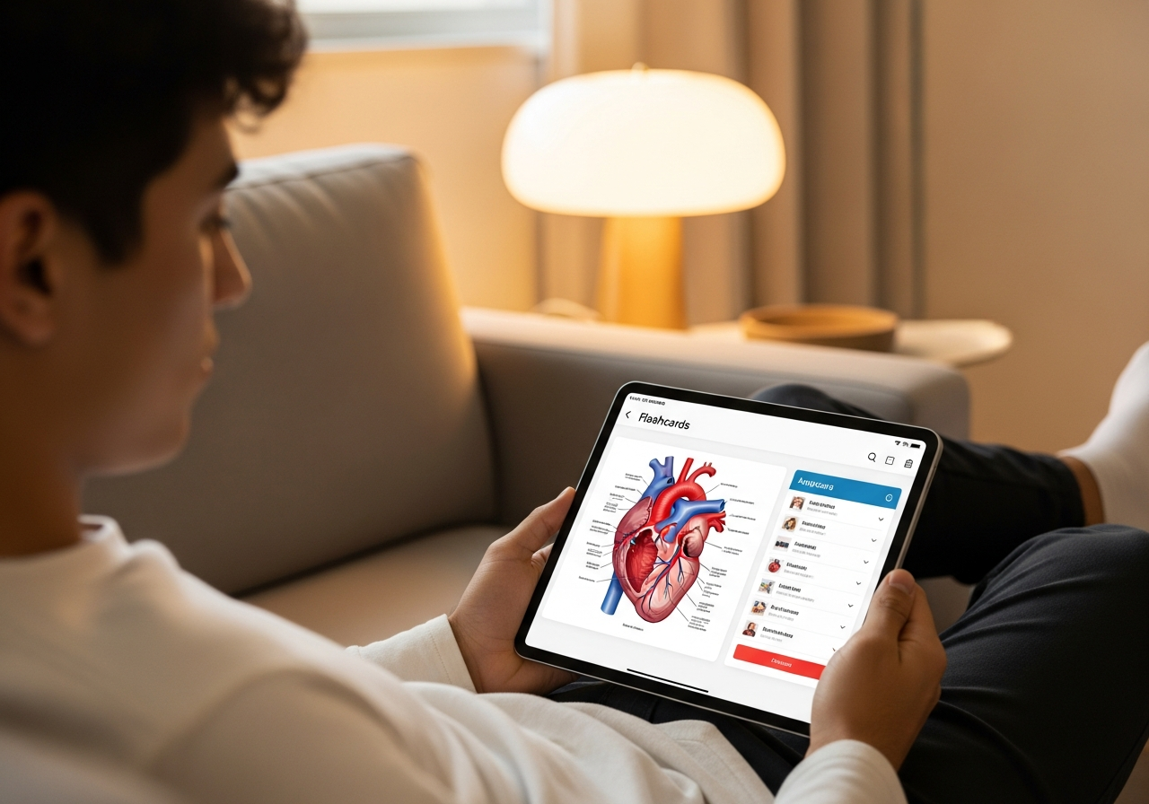 Estudiante usando la repetición espaciada para memorizar anatomía con una tablet.