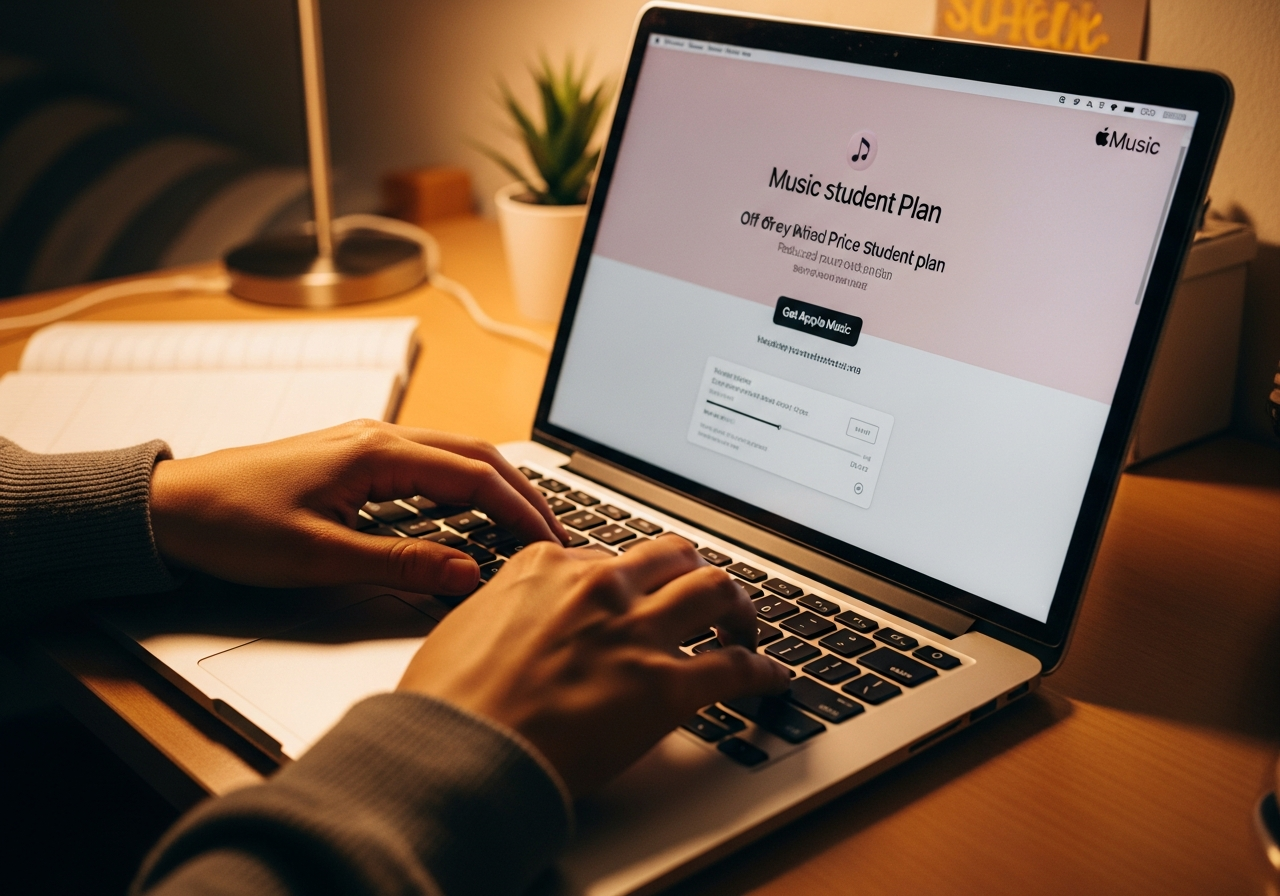 Persona registrándose en el plan de estudiante de Apple Music desde un portátil.