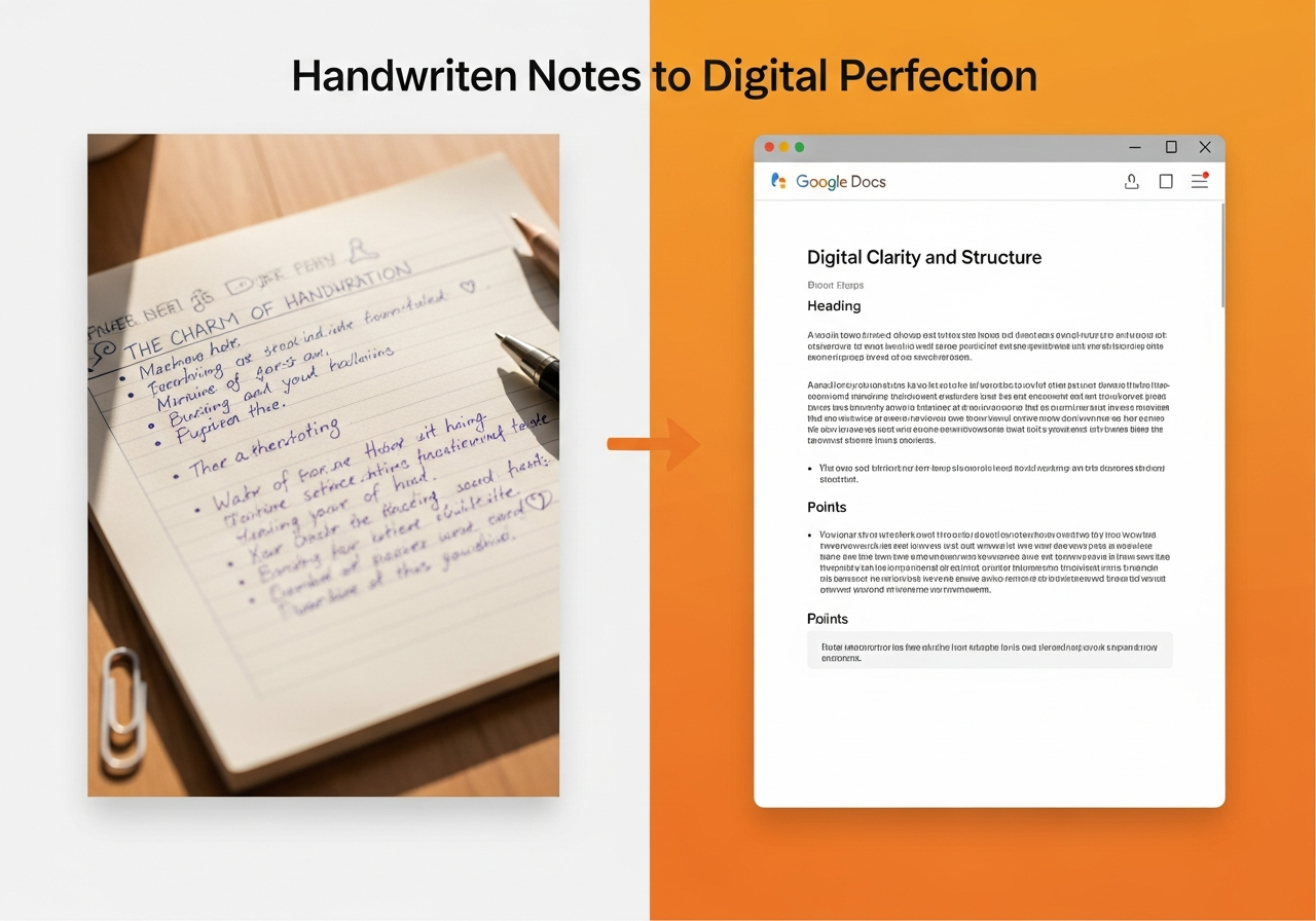 Comparativa de apuntes a mano a la izquierda y los mismos apuntes digitalizados y organizados en un documento a la derecha.