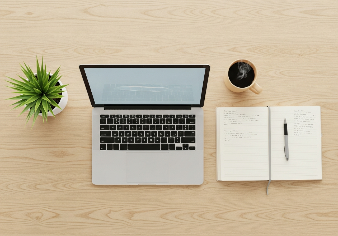 Escritorio de estudio minimalista y ordenado, listo para una sesión de estudio eficiente.