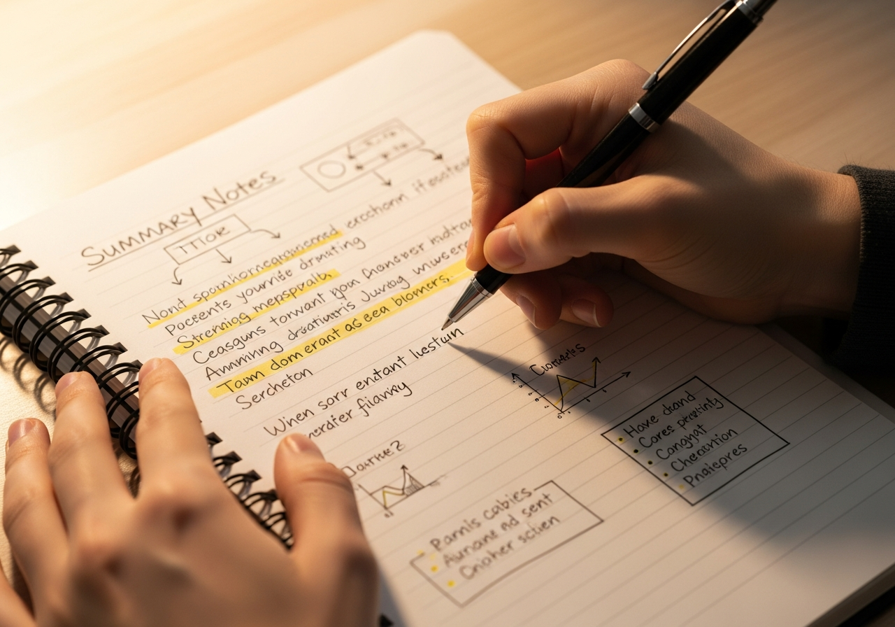 Estudiante aplicando técnicas de estudio activo al escribir resúmenes en un cuaderno.