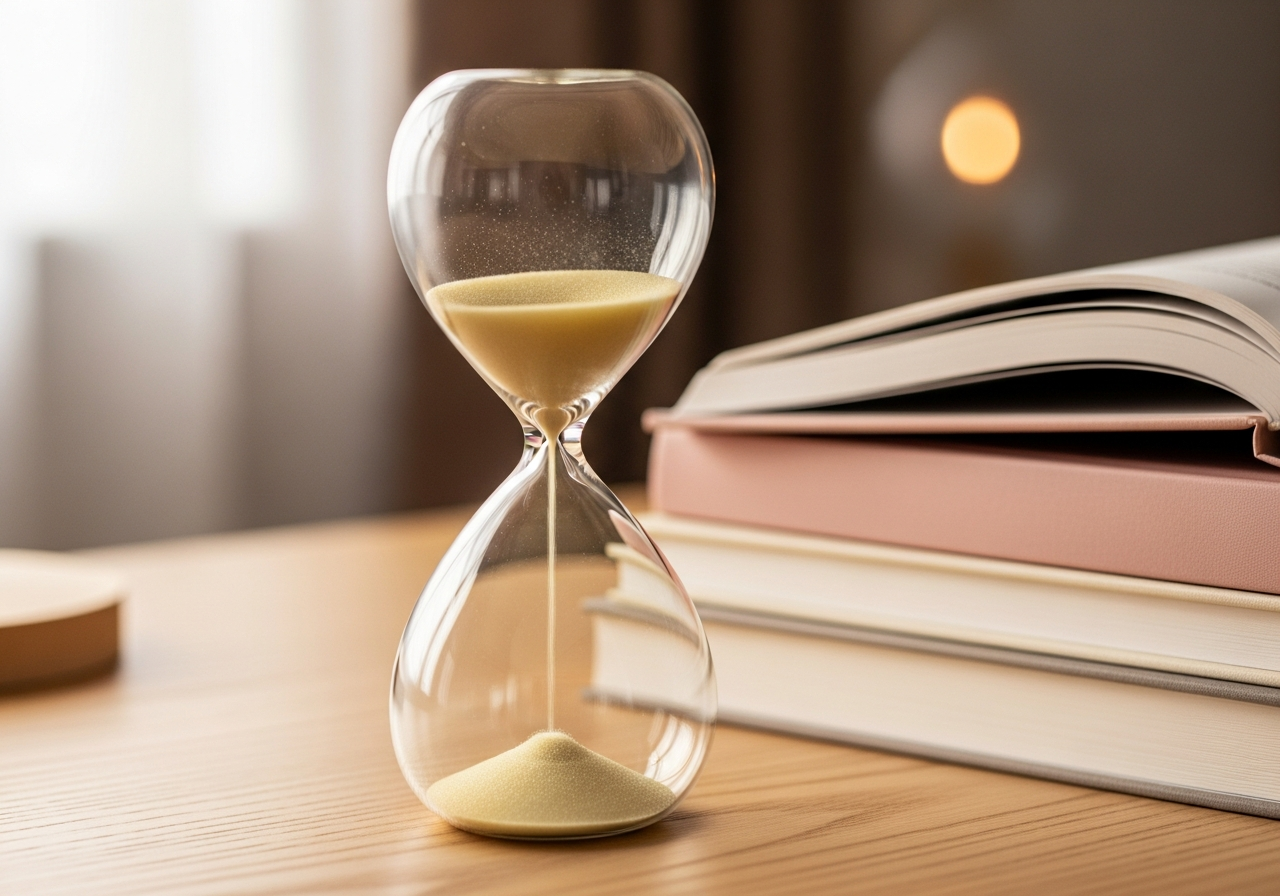 Reloj de arena en un escritorio simbolizando la importancia de gestionar el tiempo con la Técnica Pomodoro.