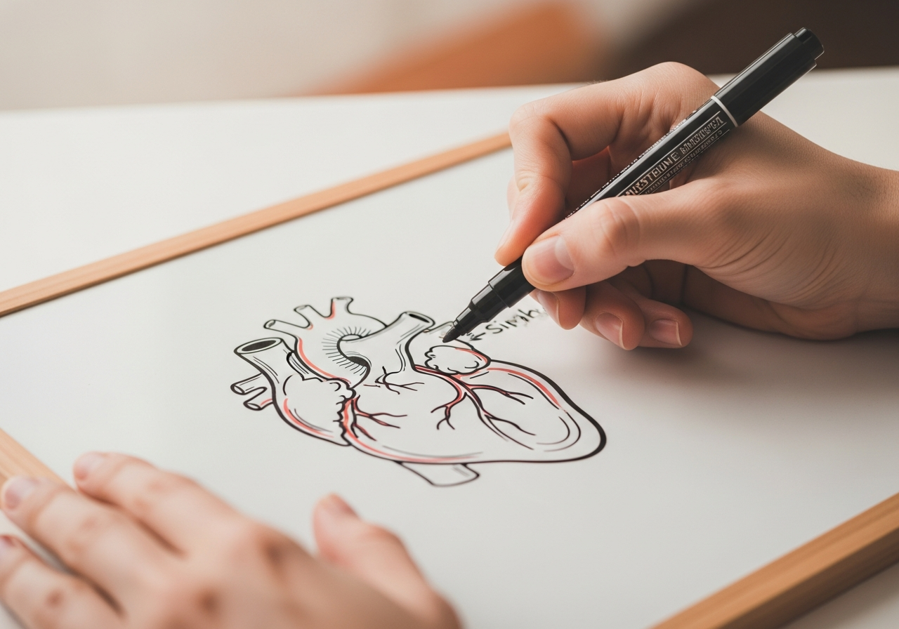 Manos dibujando un esquema del corazón en una pizarra para explicar un concepto médico de forma sencilla.