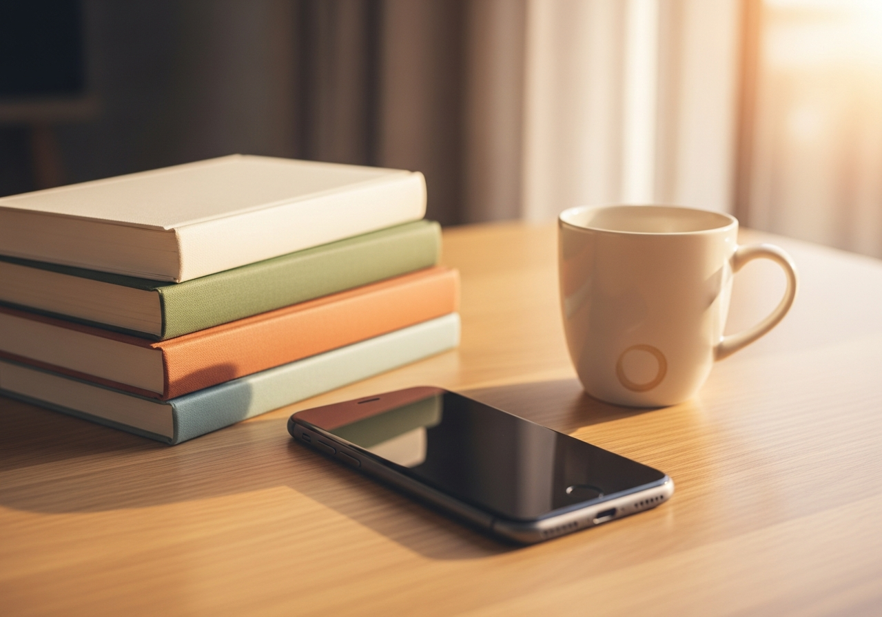 Teléfono móvil boca abajo junto a libros de estudio, representando la concentración y el deep work.
