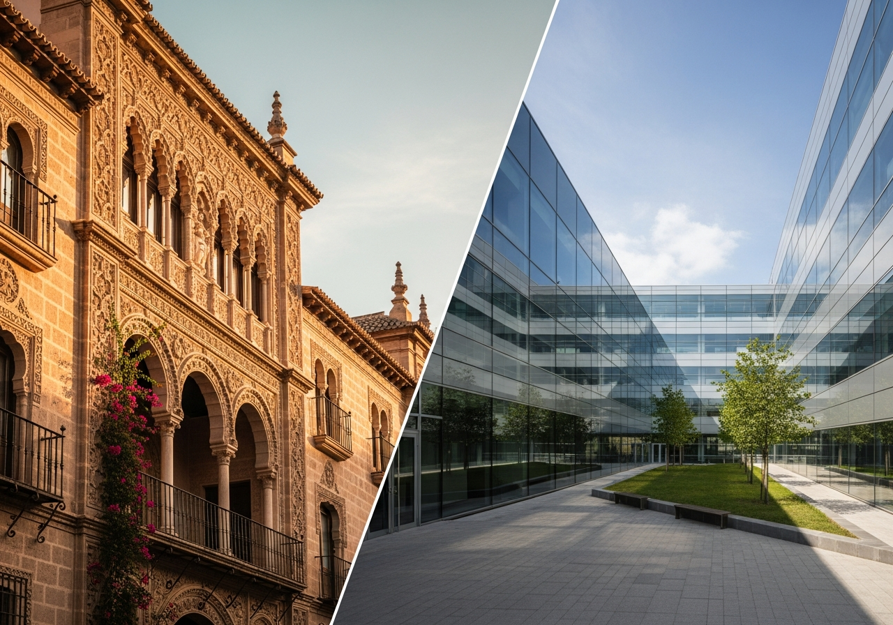 Comparativa visual entre la fachada de una universidad pública tradicional y un moderno edificio de una universidad privada.
