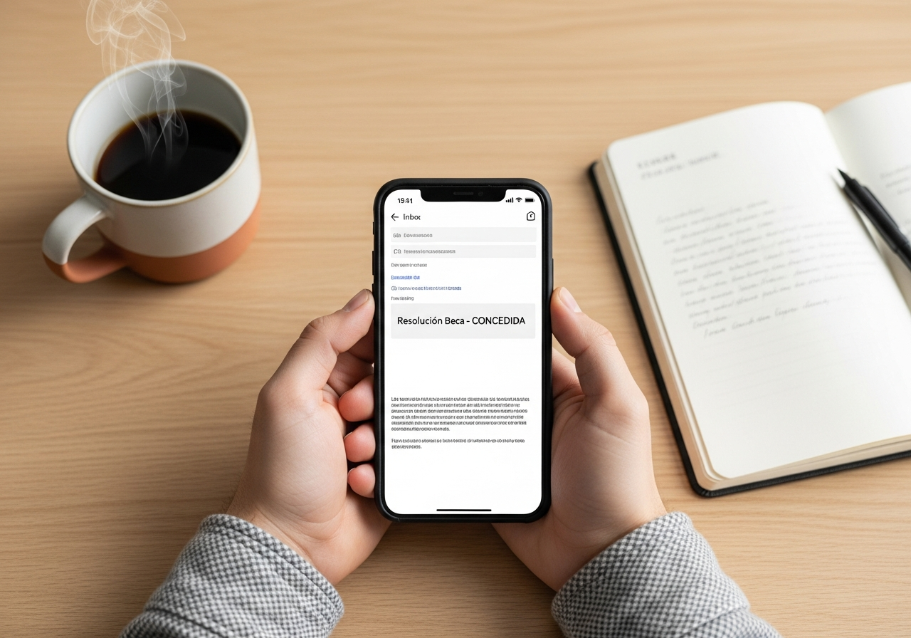 Estudiante recibe un correo de confirmación de que le han concedido una beca para su máster.