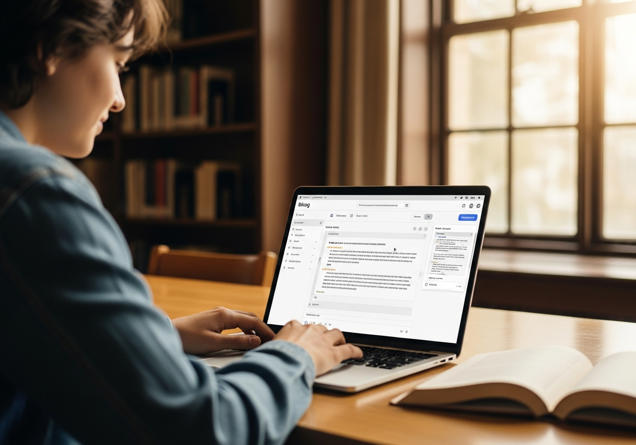 Estudiante usando la interfaz sencilla de WordPress.com en su portátil
