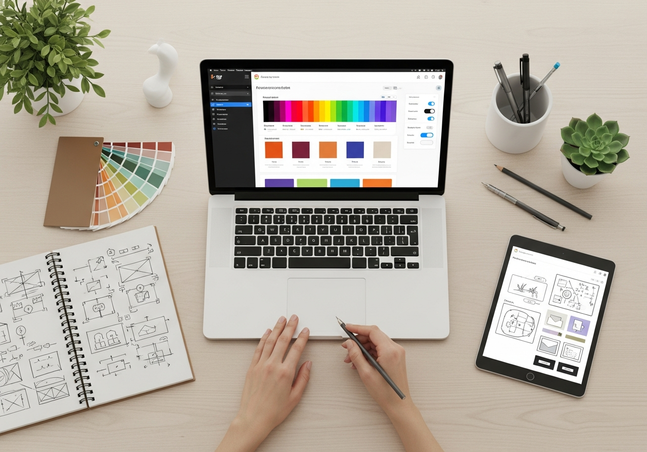 Espacio de trabajo de un estudiante con un portátil mostrando el panel de control personalizable de WordPress.org