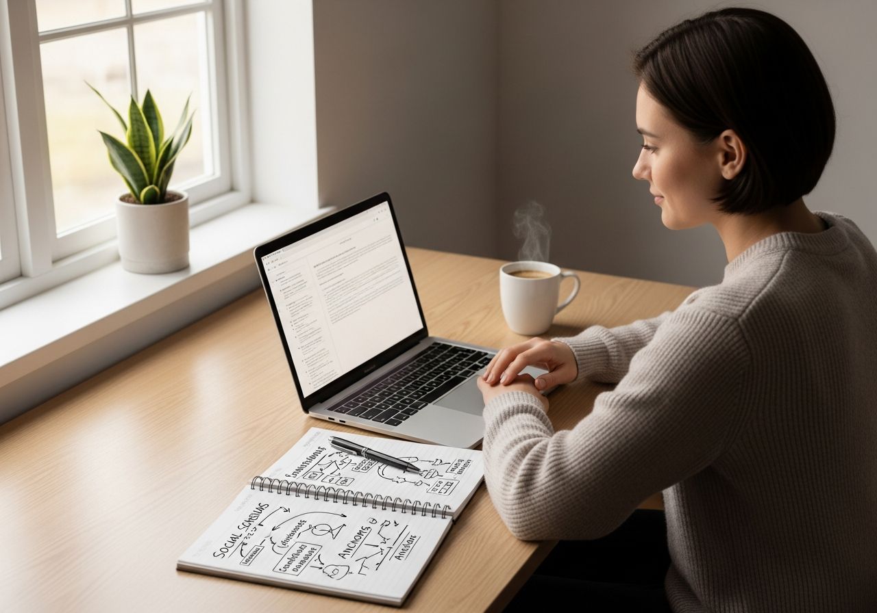 Estudiante de psicología estudiando cognición social en un escritorio ordenado.