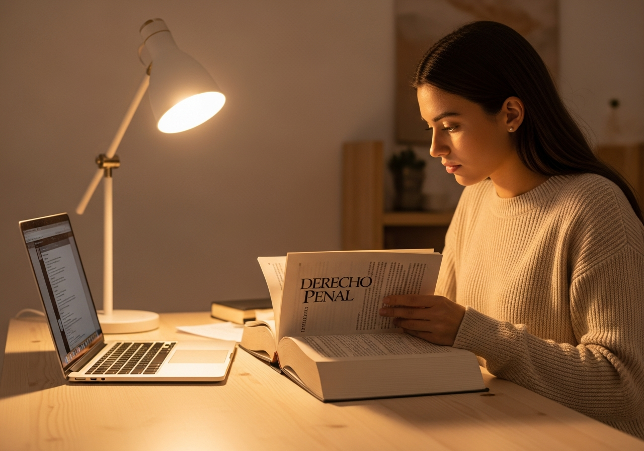 Estudiante de derecho preparando un examen tipo test de Penal I.