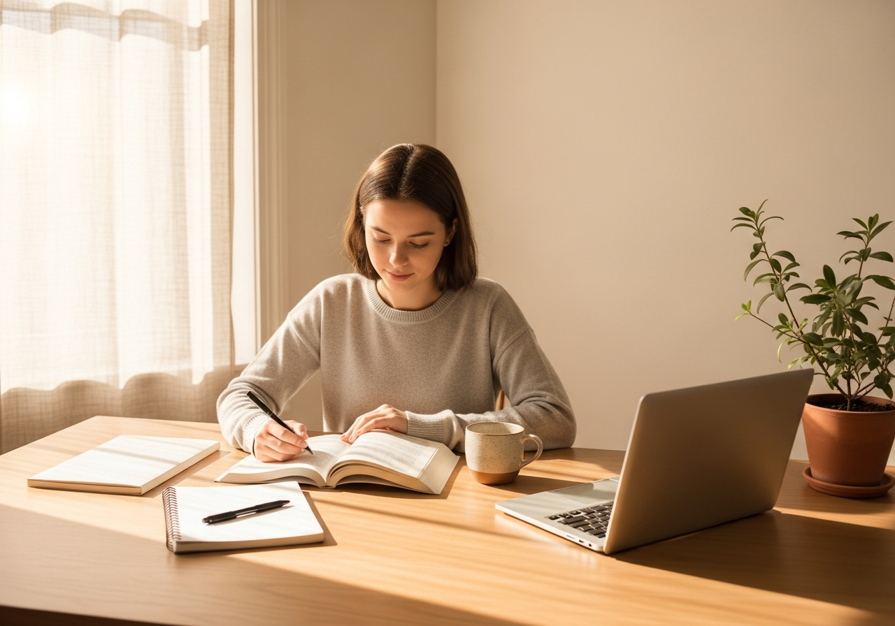 Estudiante concentrado en un escritorio ordenado, aplicando hábitos de estudio eficaces.