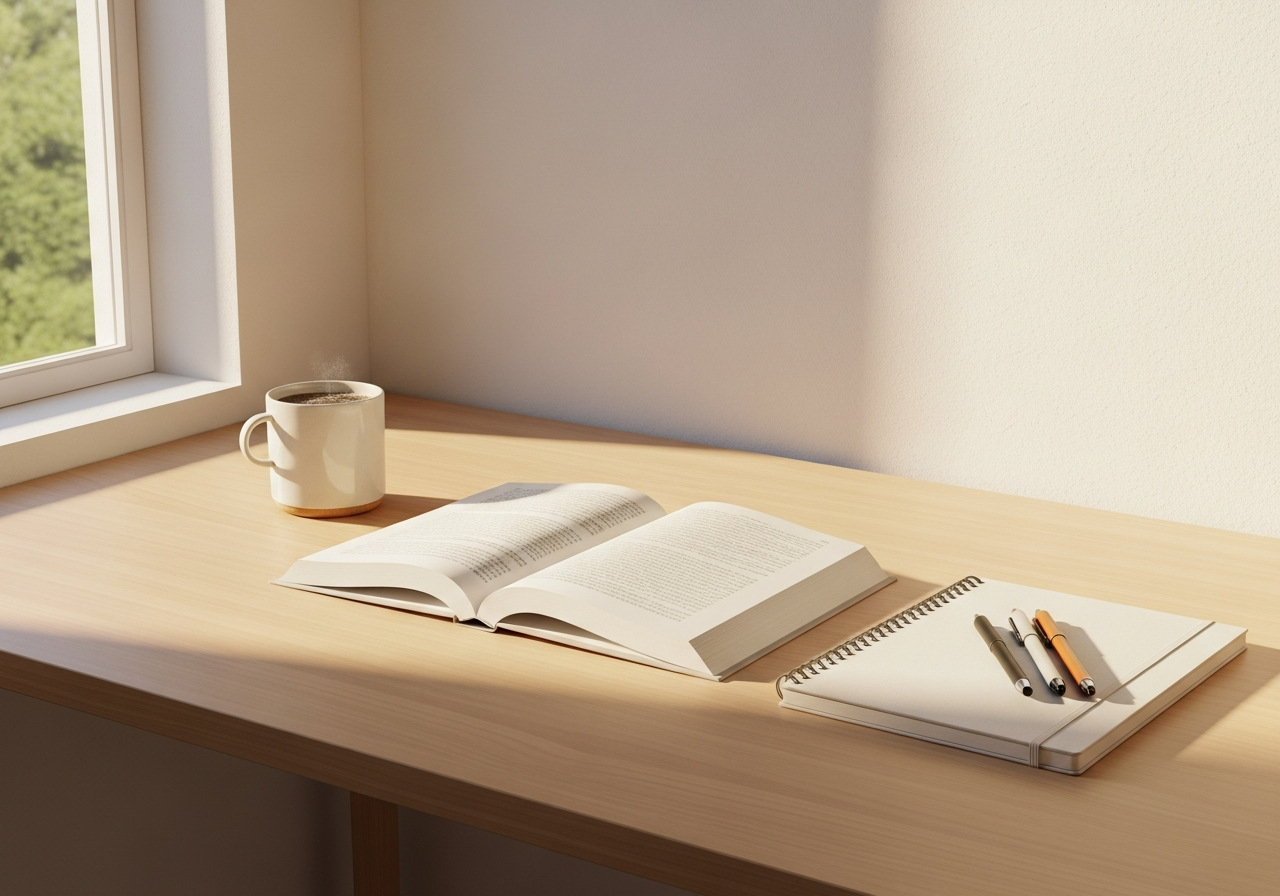 Escritorio de estudio perfectamente preparado la noche anterior para empezar a estudiar sin esfuerzo.