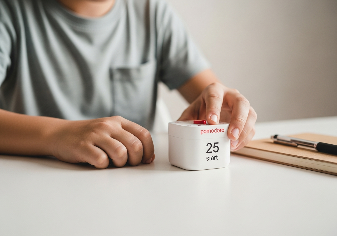 Estudiante poniendo en marcha un temporizador de Pomodoro para aplicar la regla de los dos minutos y empezar a estudiar.