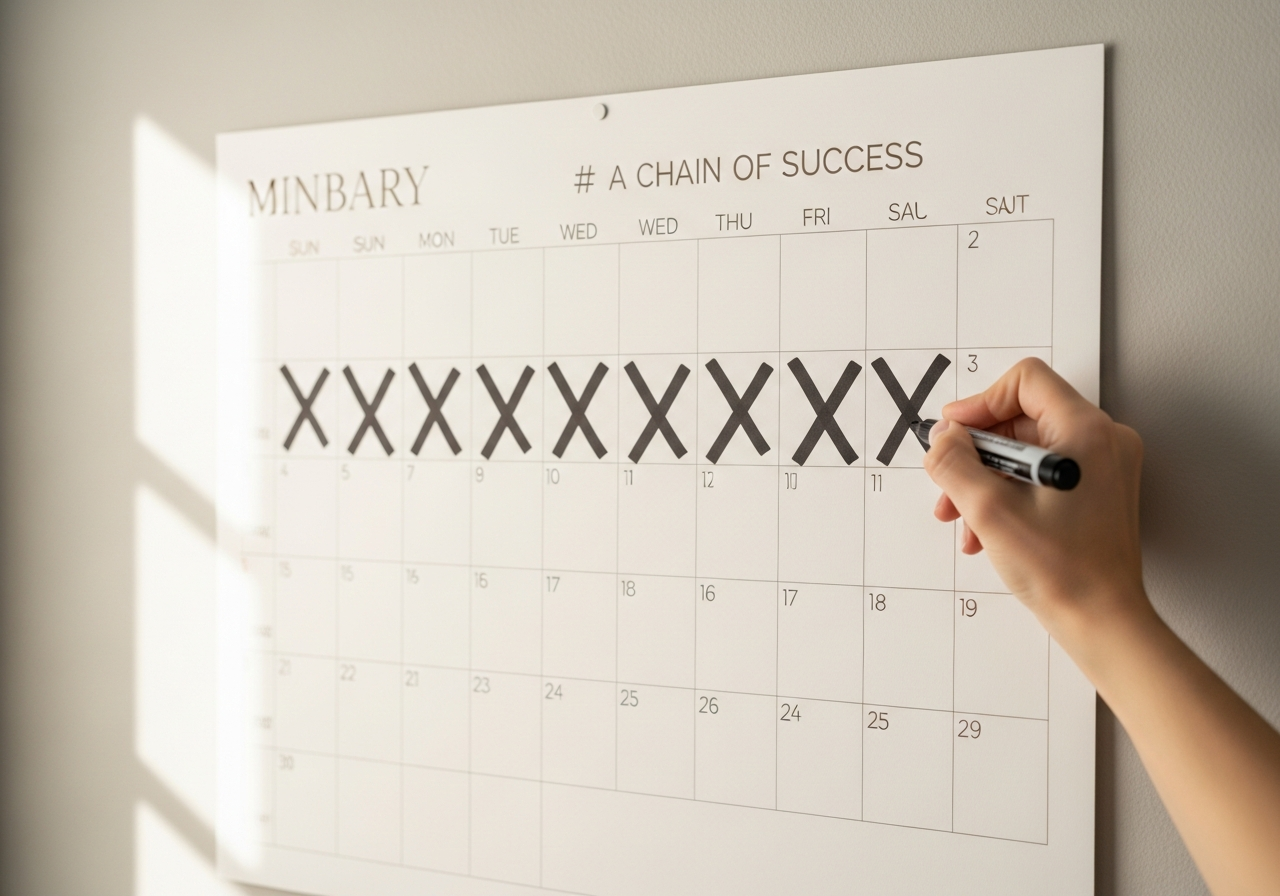 Mano de un estudiante marcando con una X un día completado de estudio en un calendario de hábitos.