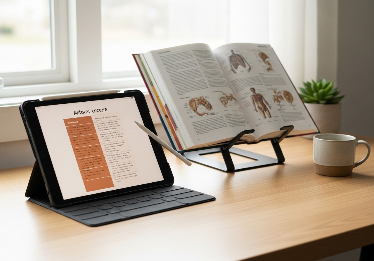 Estudiante usando un iPad Air y un Apple Pencil para tomar apuntes sobre un PDF de anatomía.
