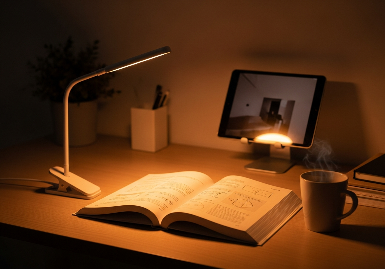 Rincón de estudio nocturno con una luz de lectura con pinza iluminando un libro de texto.