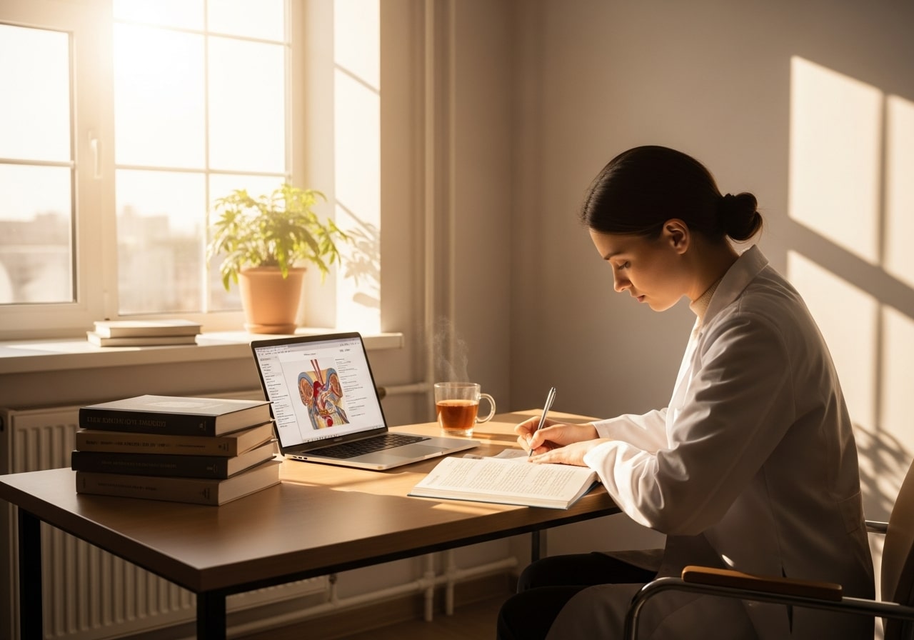 Estudiante de medicina preparando el MIR 2026 en un escritorio ordenado y luminoso.