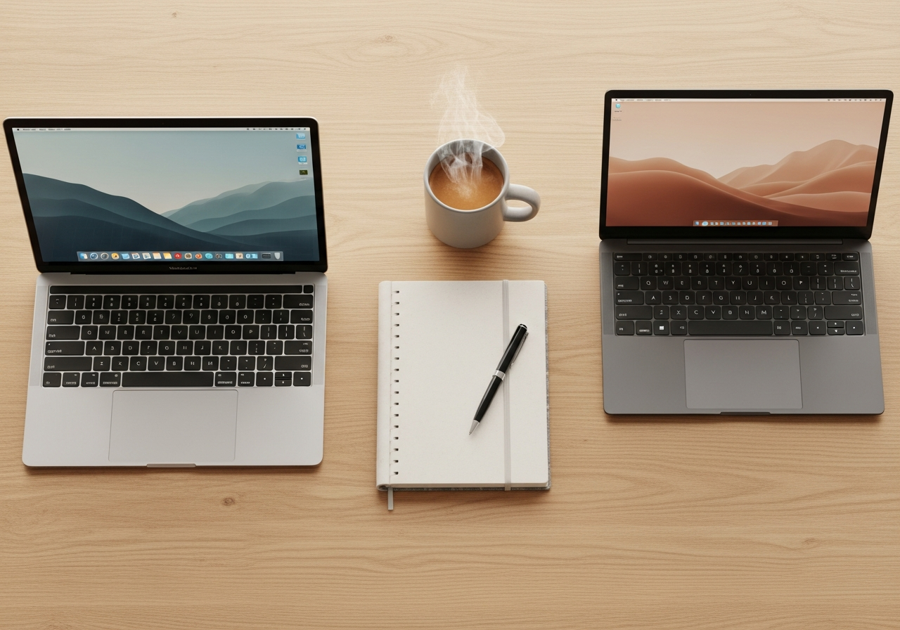 Comparativa entre un MacBook Air y un portátil Windows sobre un escritorio de estudiante.