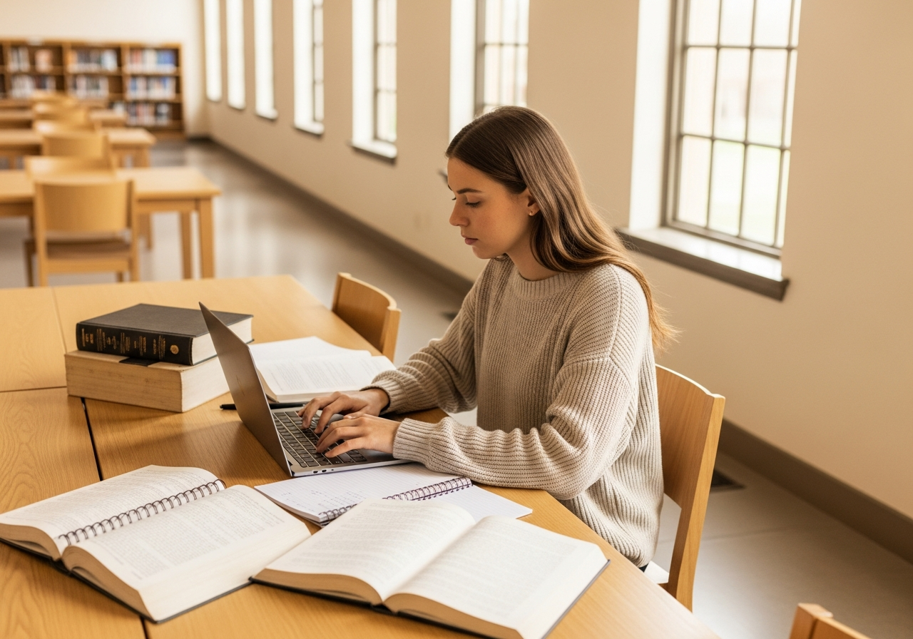 Estudiante de humanidades usando un MacBook Air en una biblioteca.