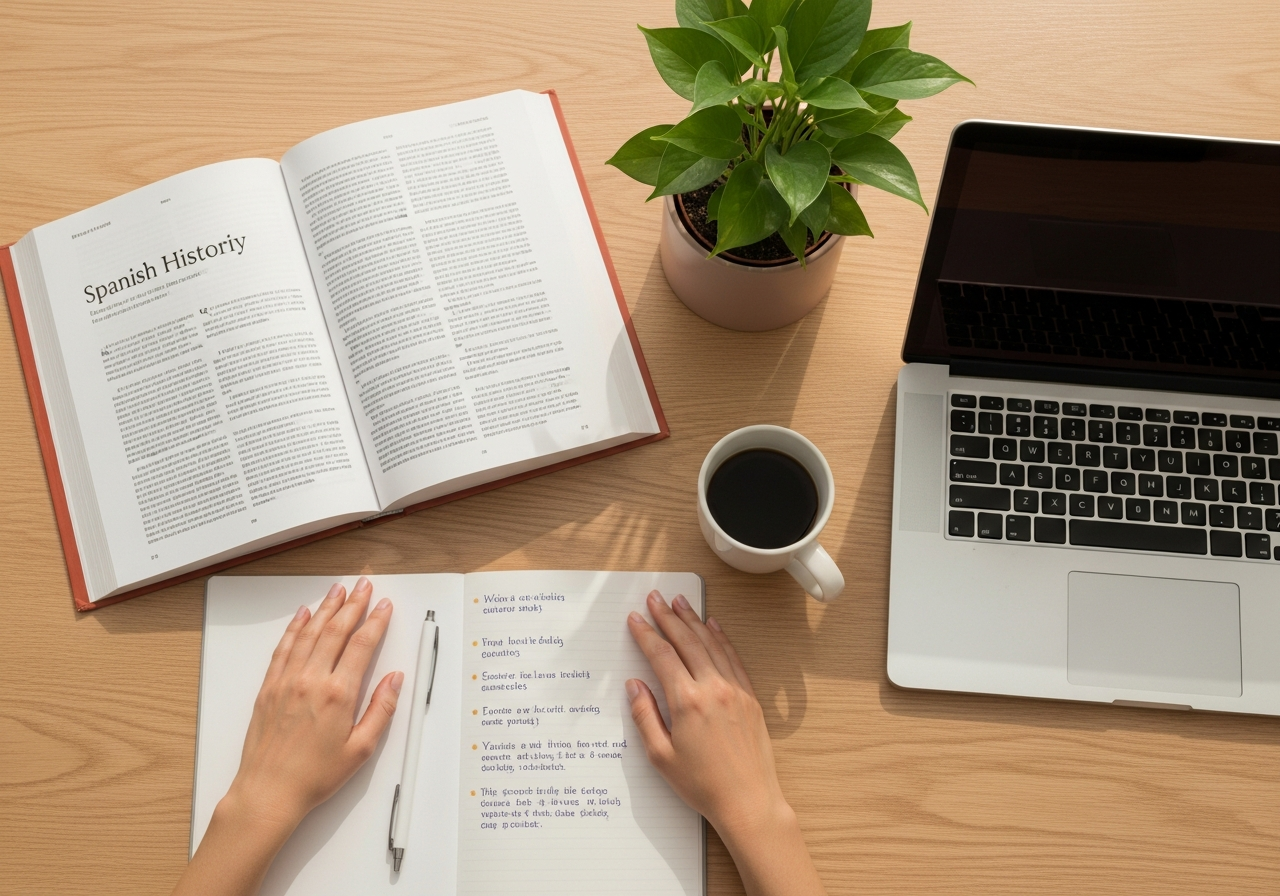 Escritorio de estudiante con apuntes de historia para preparar un examen tipo test.