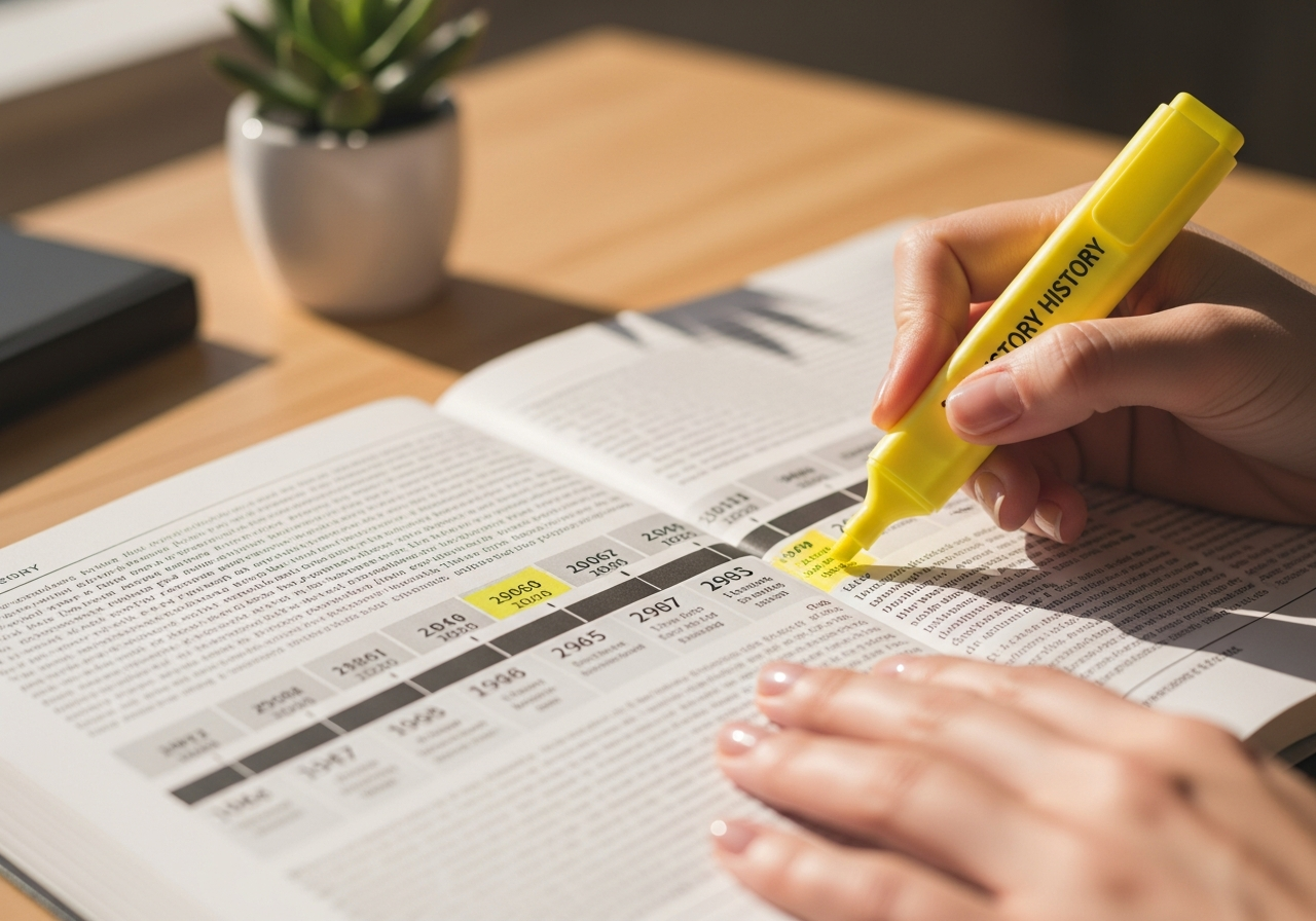 Estudiante subrayando apuntes de historia de España.