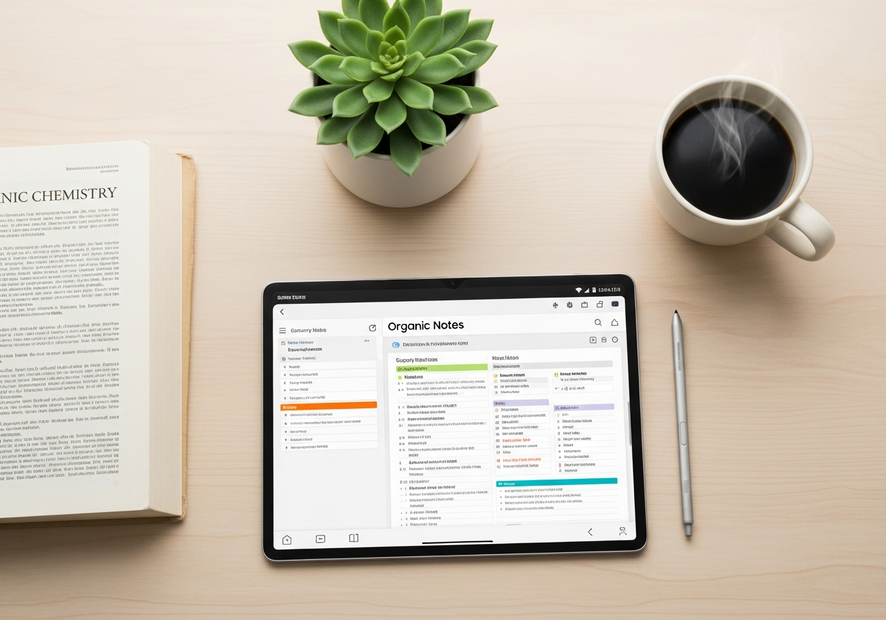 Escritorio de un estudiante con una Samsung Galaxy Tab S9 FE, apuntes digitales, un S Pen y una taza de café, mostrando un entorno de estudio ideal.