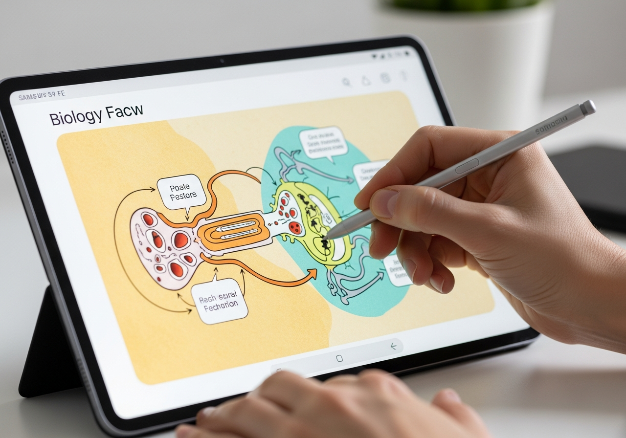 Mano de un estudiante usando el S Pen para hacer anotaciones en un diagrama de biología en la pantalla de una tablet Samsung Galaxy Tab S9 FE.