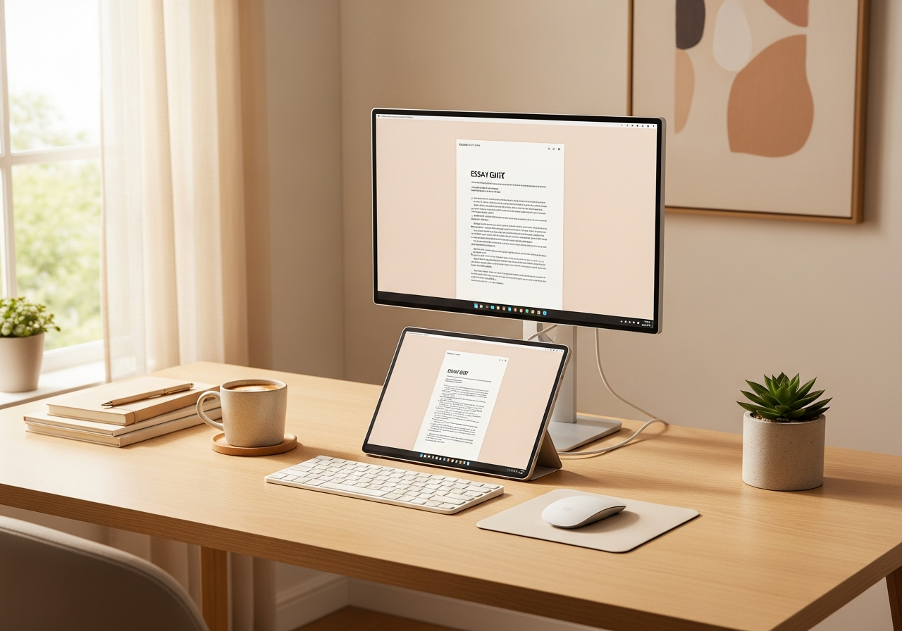 Espacio de trabajo de un estudiante con la tablet Samsung en modo DeX conectada a un monitor, teclado y ratón, funcionando como un ordenador de escritorio.