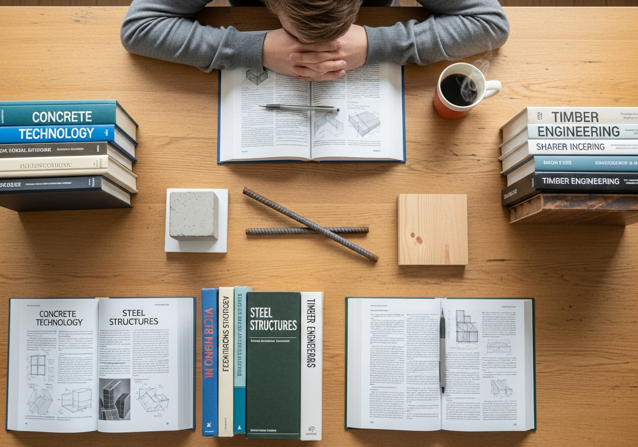 Estudiante de ingeniería abrumado por la cantidad de apuntes y libros sobre materiales de construcción.