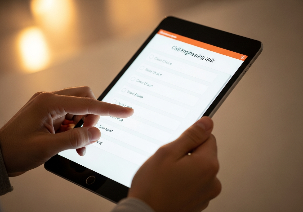 Persona realizando un examen tipo test sobre materiales de construcción en una tablet.