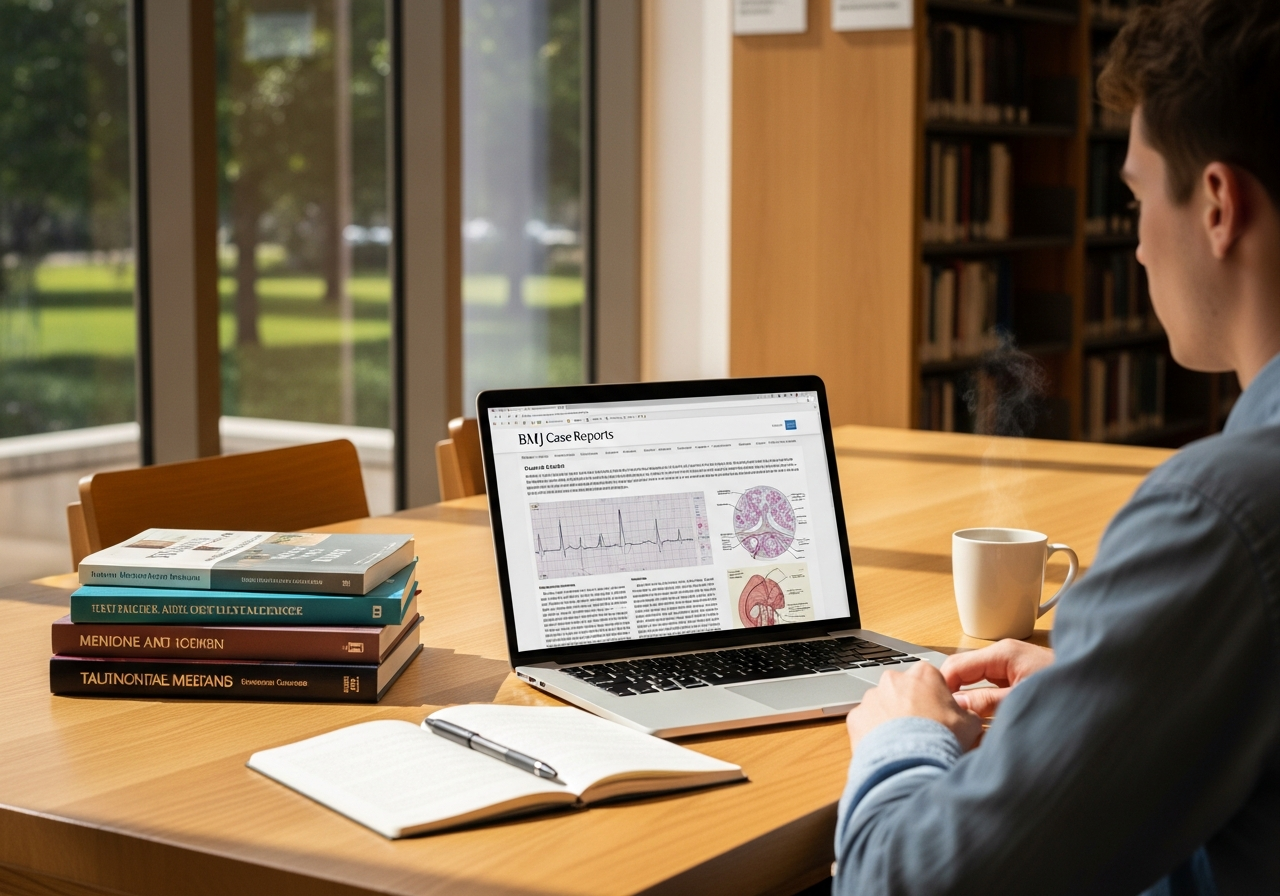 Estudiante investigando un caso clínico en una revista médica online.